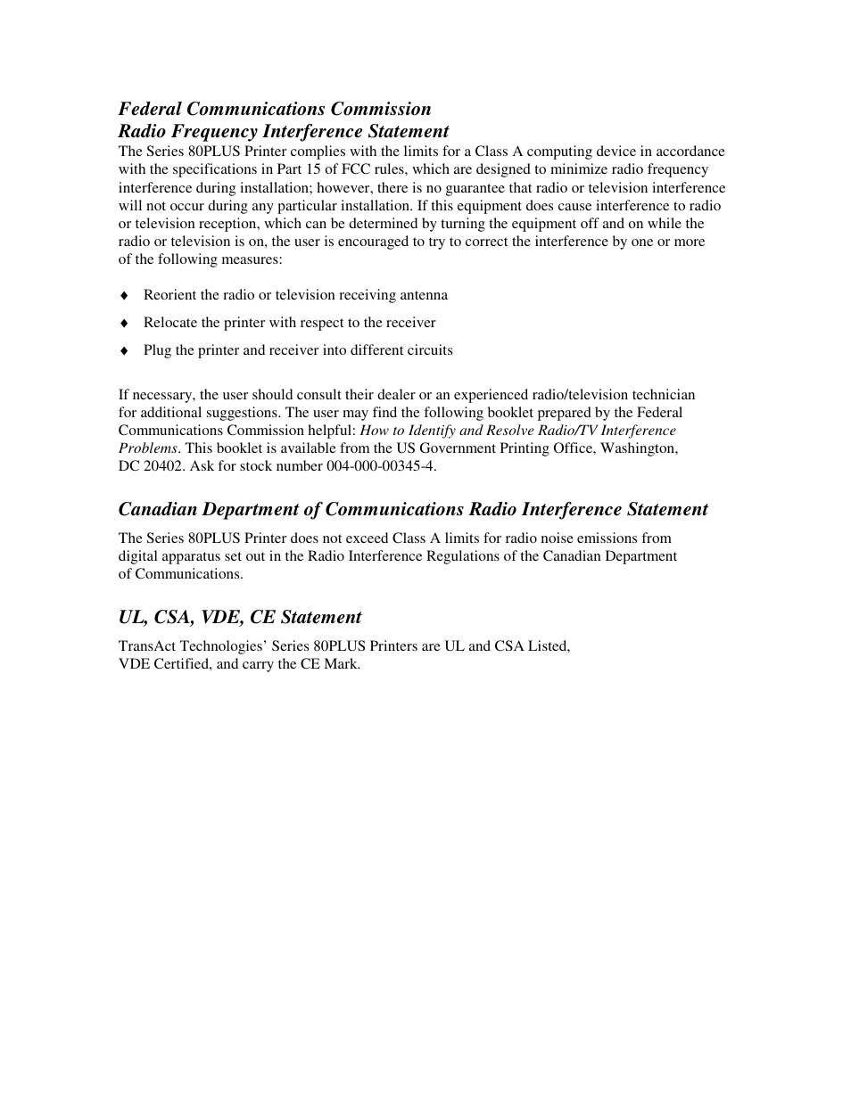 Ul, csa, vde, ce statement | TransAct Technologies ITHACA 80PLUS User Manual | Page 5 / 45