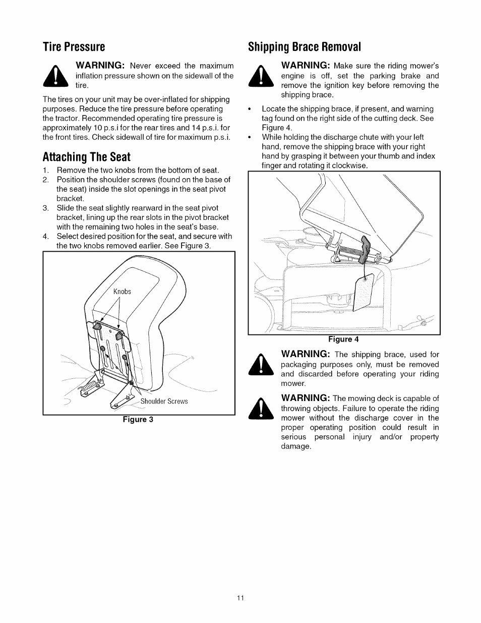 Tire pressure, Attaching the seat, Shipping brace removal | Toro 13AX60RG744 User Manual | Page 11 / 36