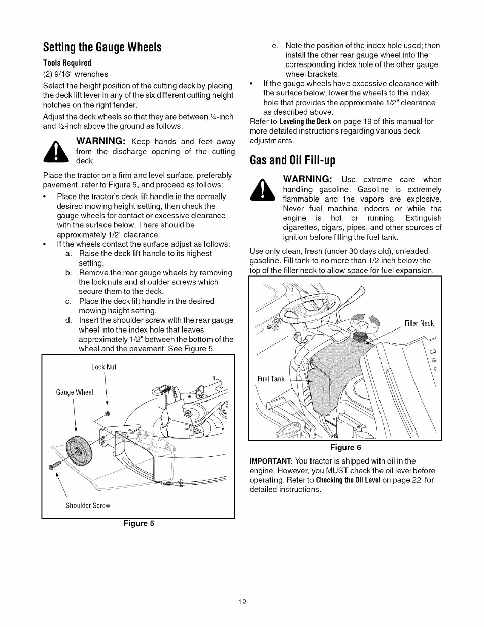Setting the gauge wheels, Gas and oil fill-up | Toro 13AX60RG744 User Manual | Page 12 / 36