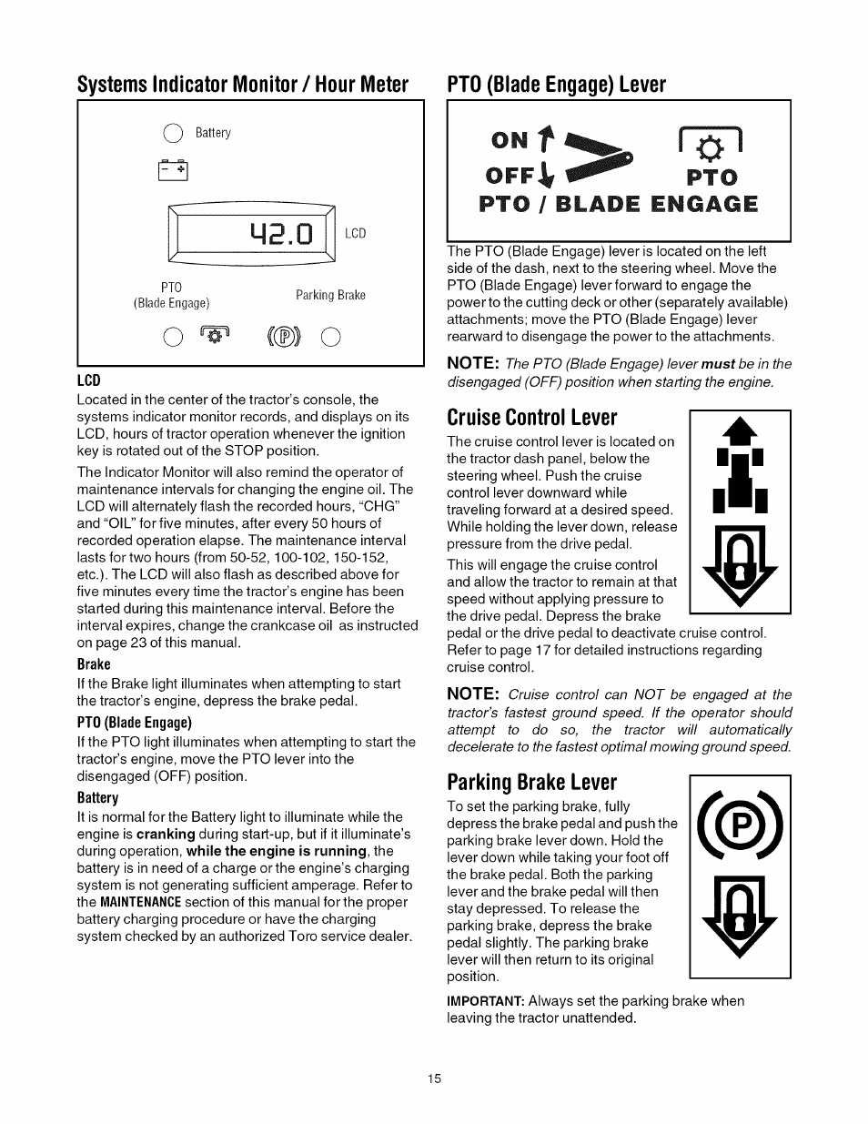 Cruise control lever, Parking brake lever | Toro 13AX60RG744 User Manual | Page 15 / 36