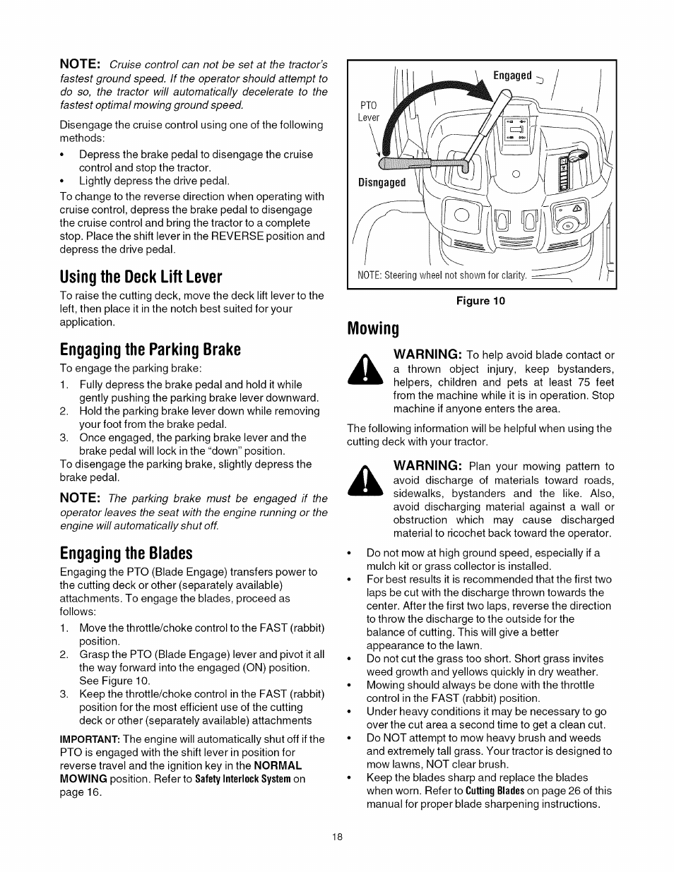 Using the deck lift lever, Engaging the parking brake, Engaging the blades | Mowing | Toro 13AX60RG744 User Manual | Page 18 / 36