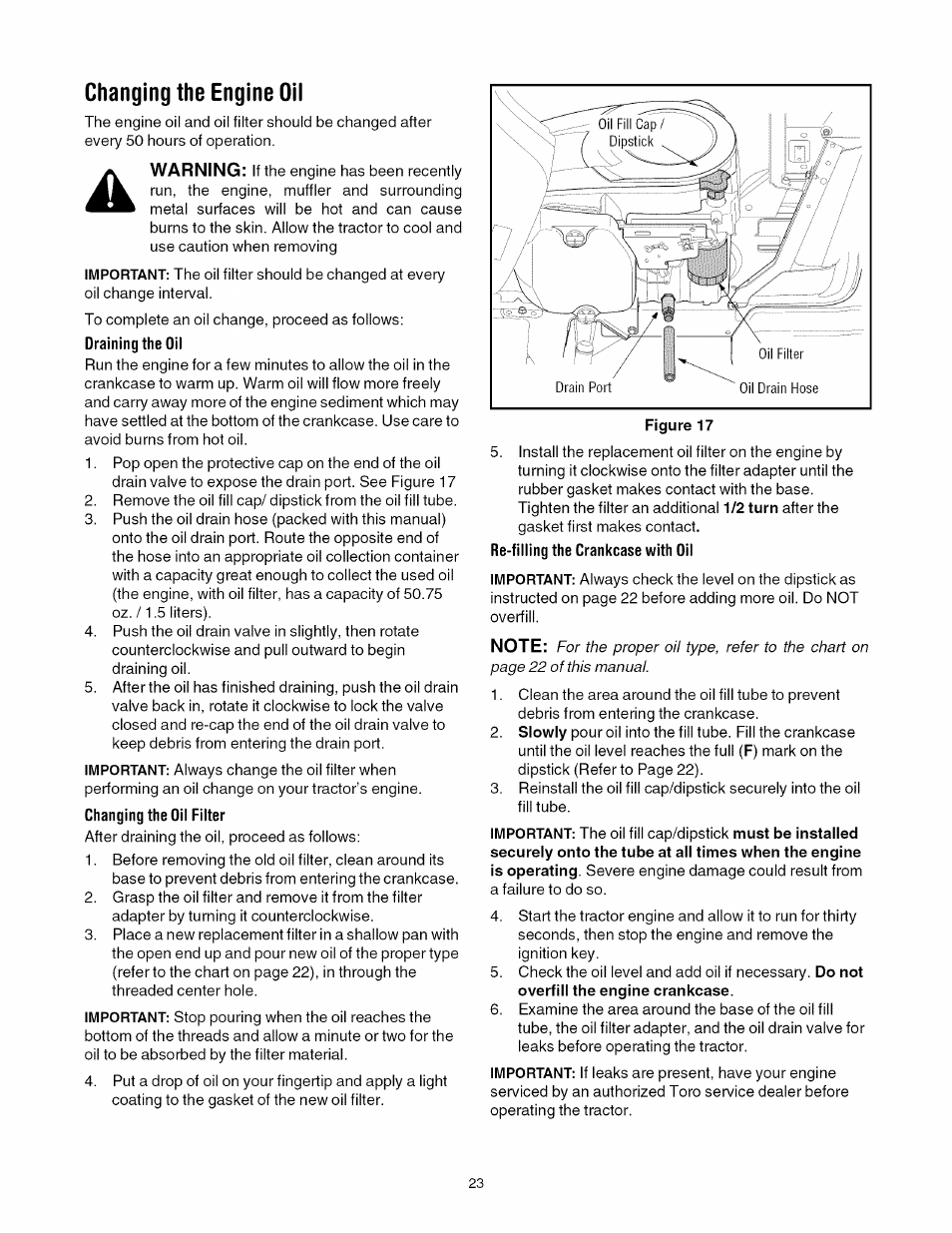 Changing the engine oil | Toro 13AX60RG744 User Manual | Page 23 / 36