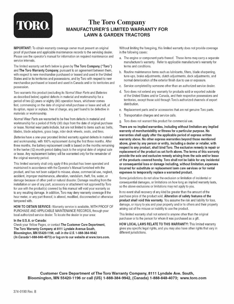 Тока, The того company | Toro 13AX60RG744 User Manual | Page 36 / 36