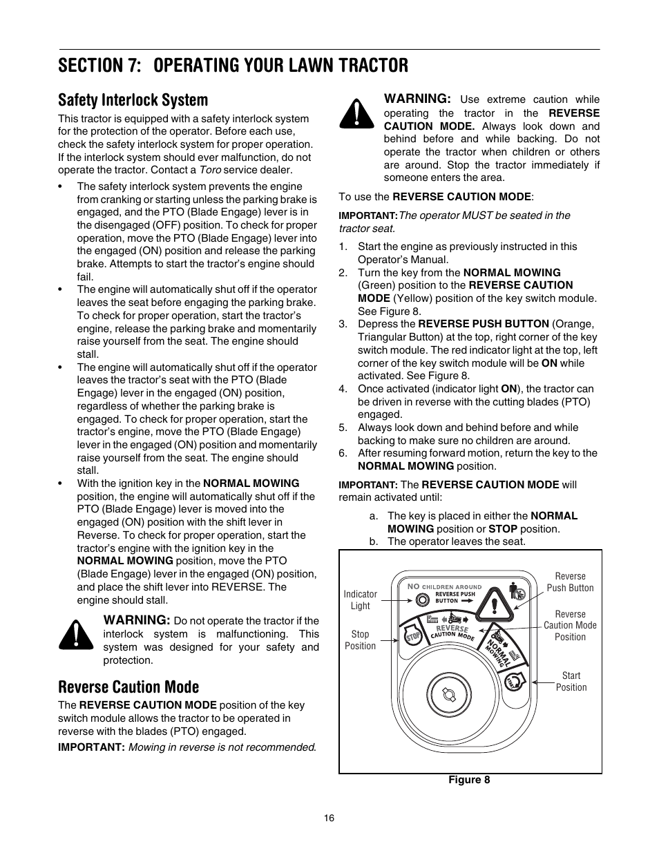 Section 7: operating your lawn tractor, Safety interlock system, Reverse caution mode | Operating your lawn tractor | Toro LX420 User Manual | Page 16 / 36