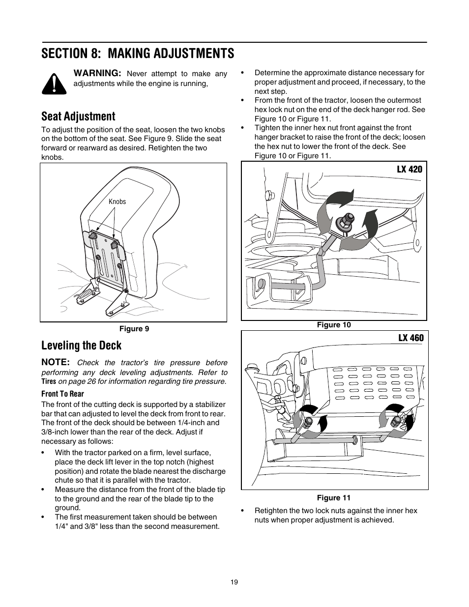 Section 8: making adjustments, Seat adjustment, Leveling the deck | Toro LX420 User Manual | Page 19 / 36
