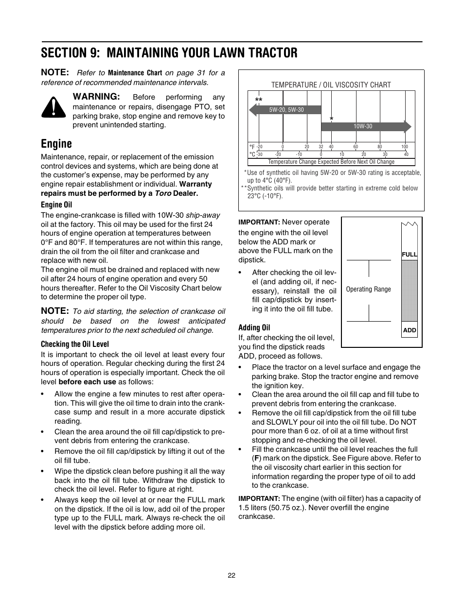 Section 9: maintaining your lawn tractor, Engine, Warning | Toro LX420 User Manual | Page 22 / 36
