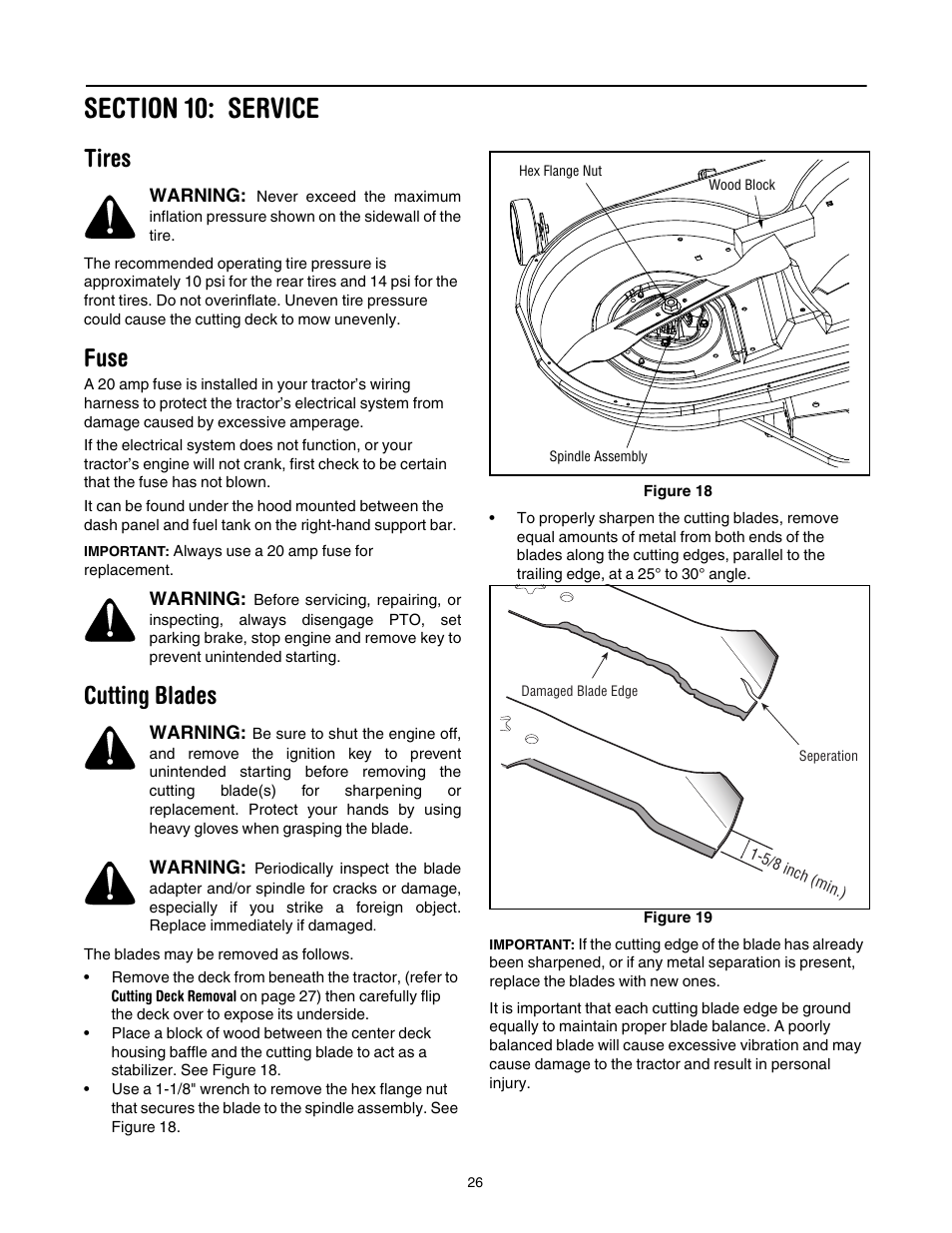 Section 10: service, Tires, Fuse | Cutting blades, 26 f | Toro LX420 User Manual | Page 26 / 36