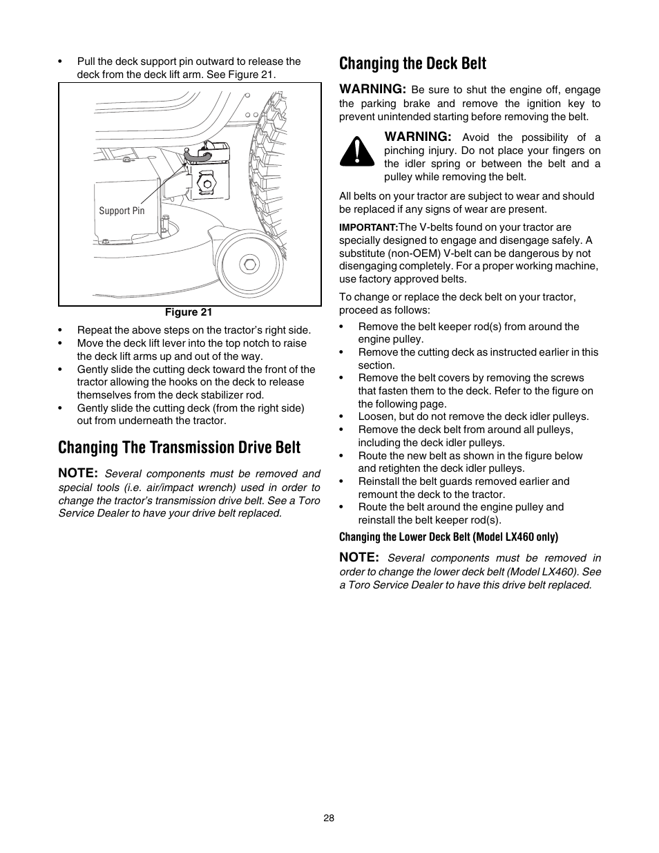Changing the transmission drive belt, Changing the deck belt | Toro LX420 User Manual | Page 28 / 36