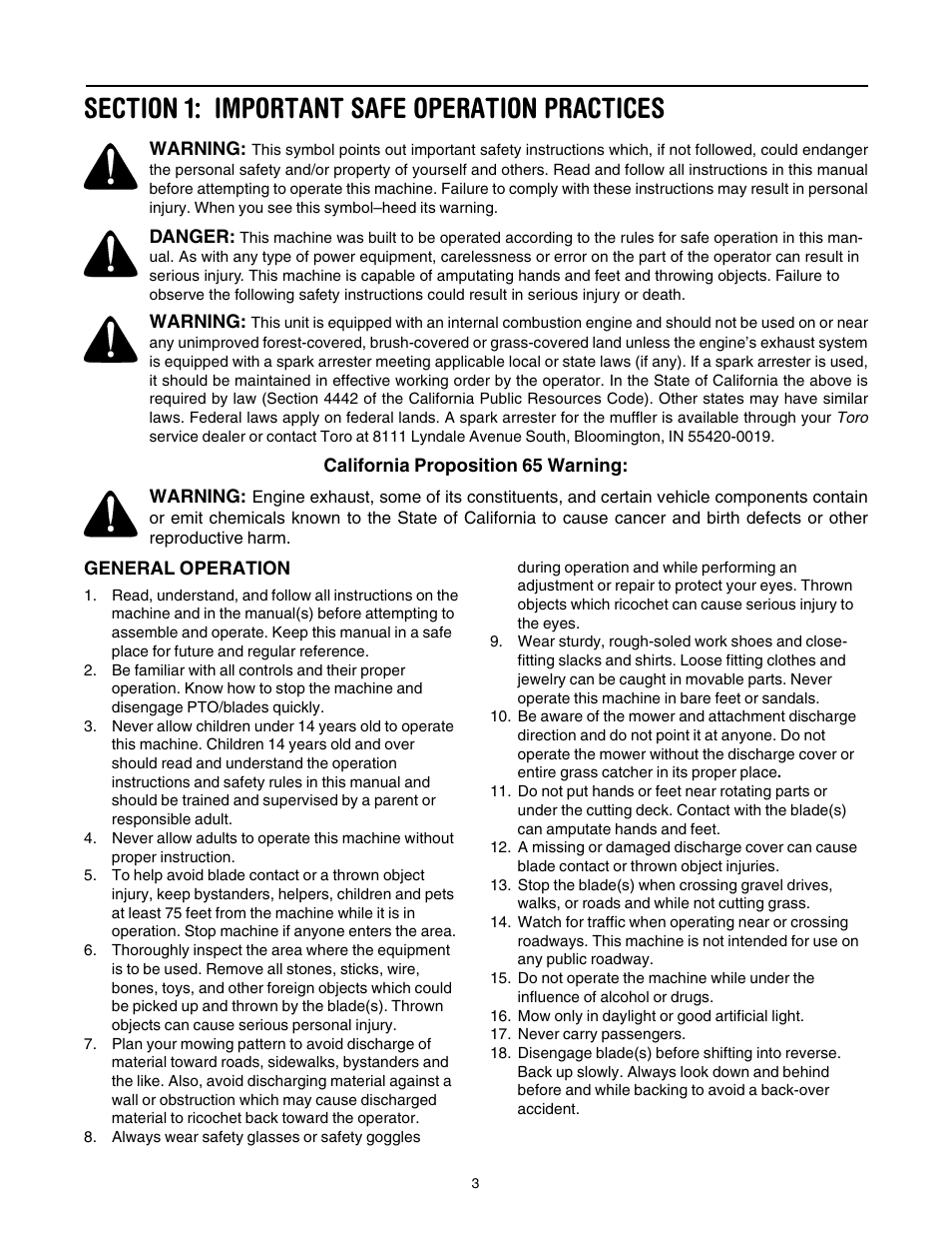 Section 1: important safe operation practices | Toro LX420 User Manual | Page 3 / 36