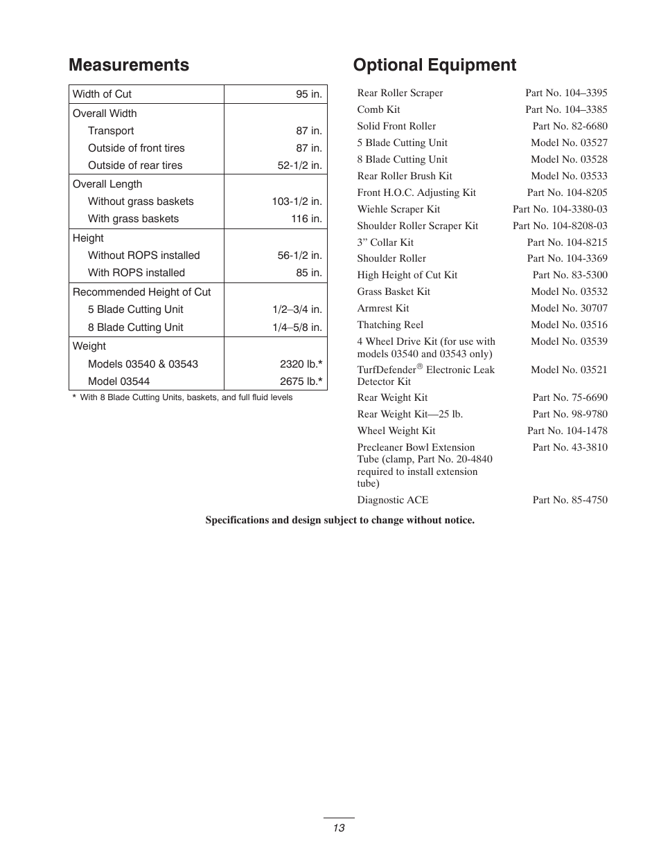 Measurements, Optional equipment | Toro 5400-D User Manual | Page 13 / 52