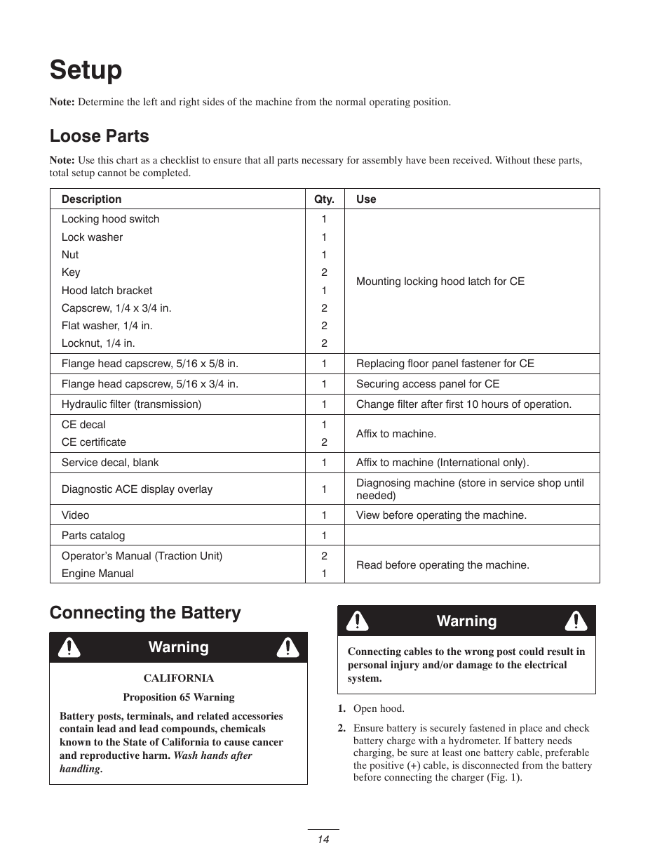 Setup, Loose parts, Connecting the battery | Warning | Toro 5400-D User Manual | Page 14 / 52