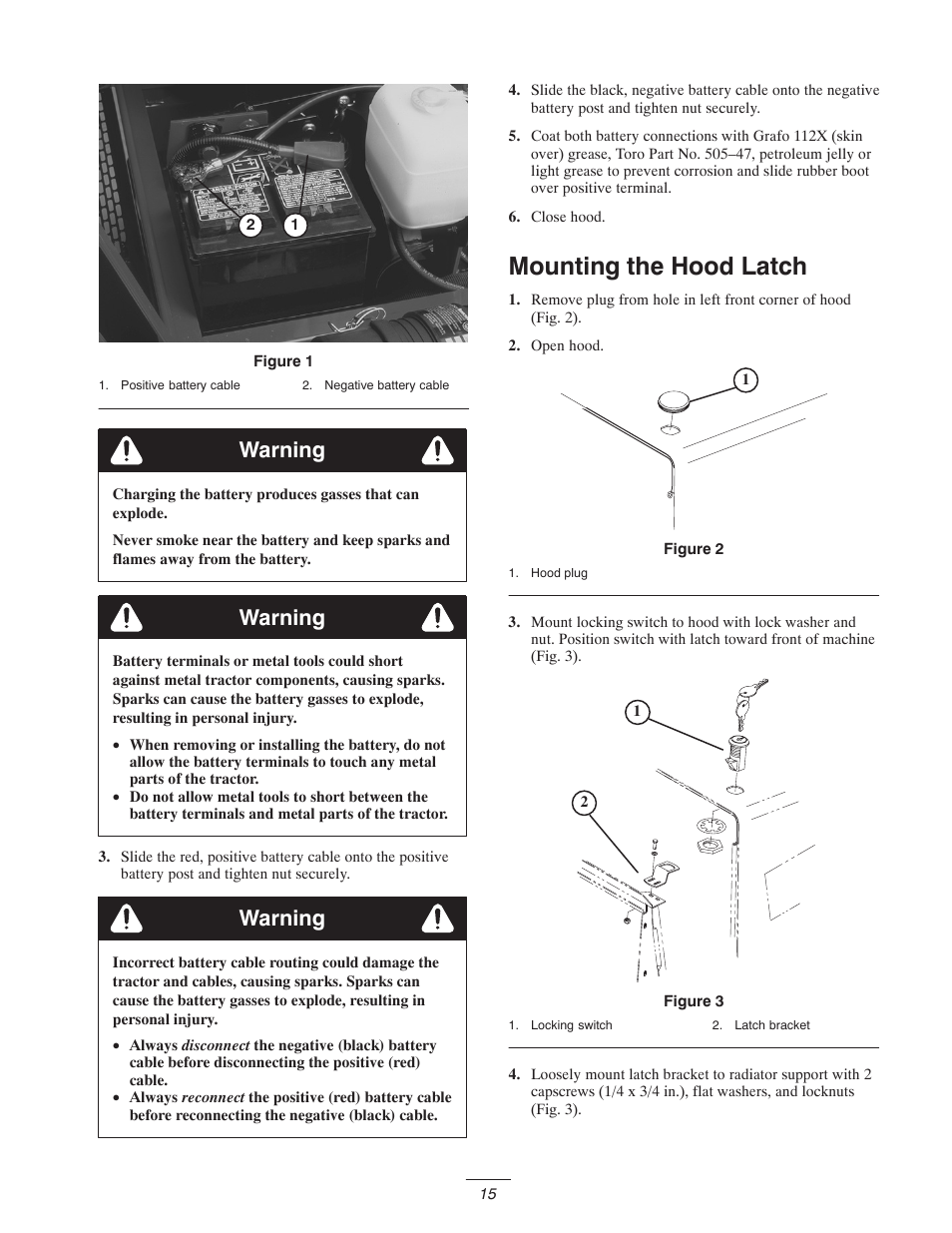 Mounting the hood latch, Warning | Toro 5400-D User Manual | Page 15 / 52