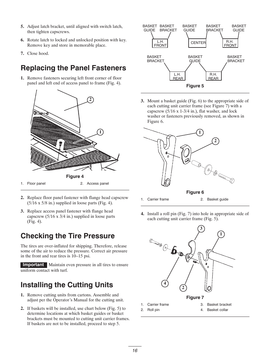 Replacing the panel fasteners, Checking the tire pressure, Installing the cutting units | Toro 5400-D User Manual | Page 16 / 52