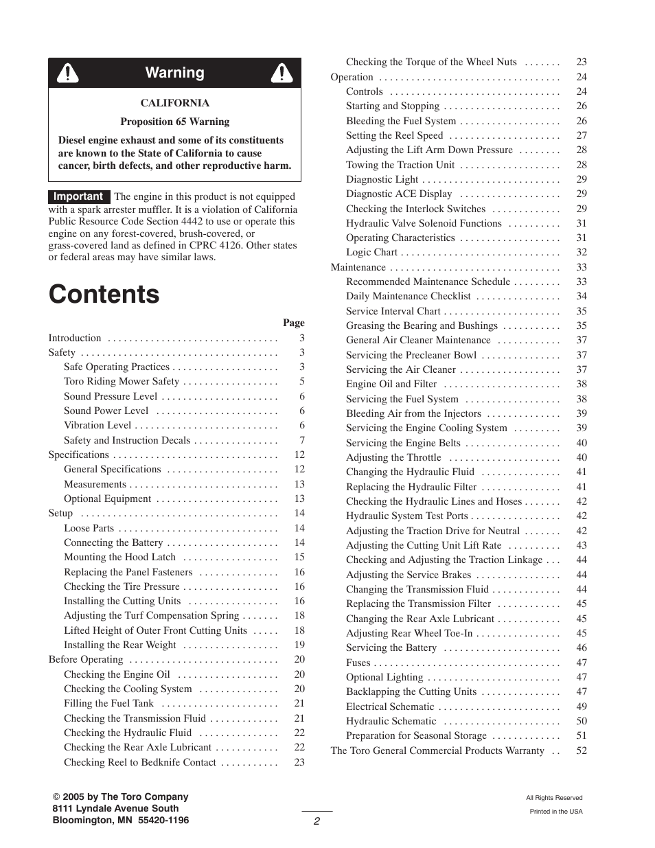 Toro 5400-D User Manual | Page 2 / 52