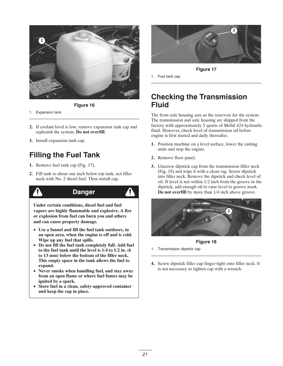 Filling the fuel tank, Checking the transmission fluid, Danger | Toro 5400-D User Manual | Page 21 / 52