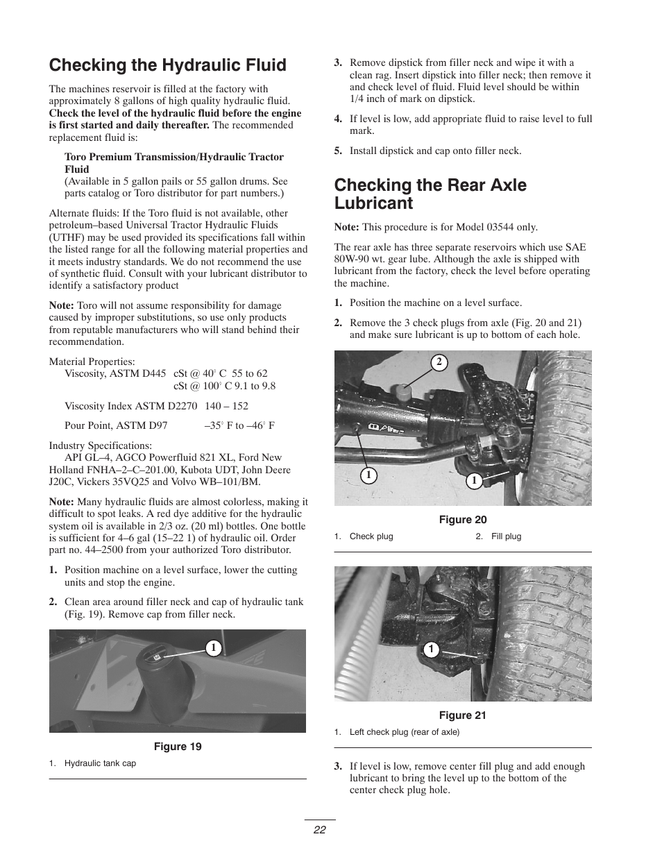 Checking the hydraulic fluid, Checking the rear axle lubricant | Toro 5400-D User Manual | Page 22 / 52