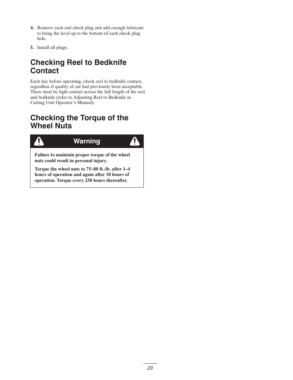Checking reel to bedknife contact, Checking the torque of the wheel nuts | Toro 5400-D User Manual | Page 23 / 52