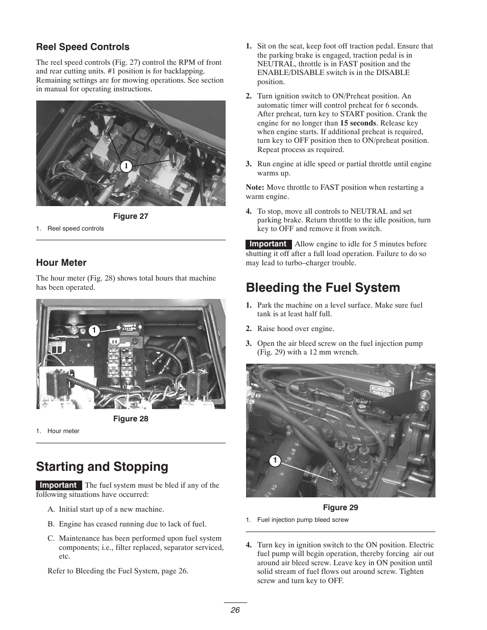 Starting and stopping, Bleeding the fuel system | Toro 5400-D User Manual | Page 26 / 52