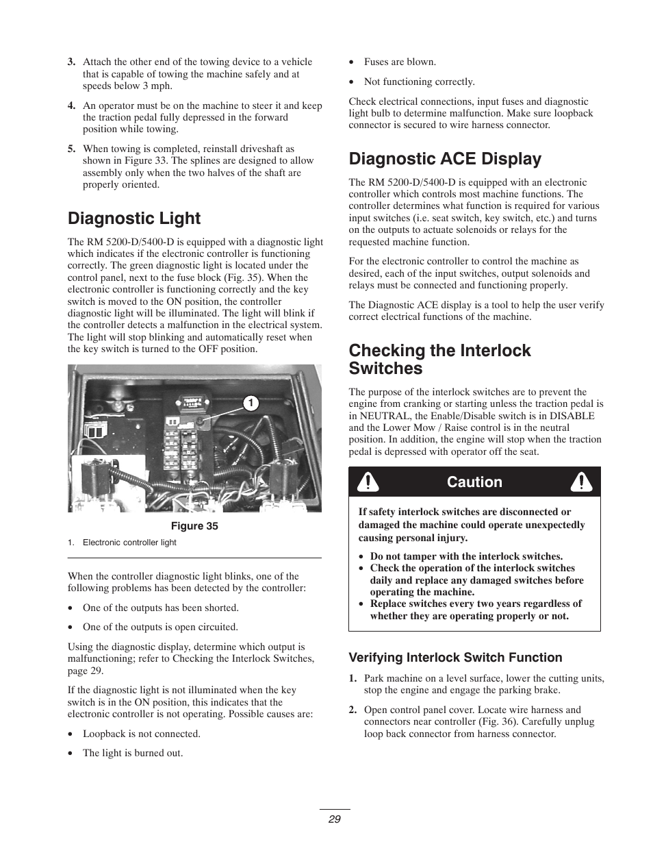 Diagnostic light, Diagnostic ace display, Checking the interlock switches | Caution | Toro 5400-D User Manual | Page 29 / 52