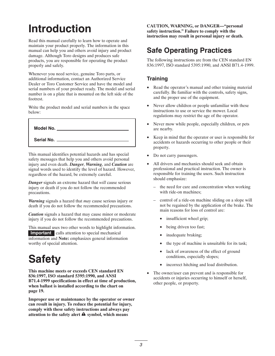 Introduction, Safety, Safe operating practices | Toro 5400-D User Manual | Page 3 / 52
