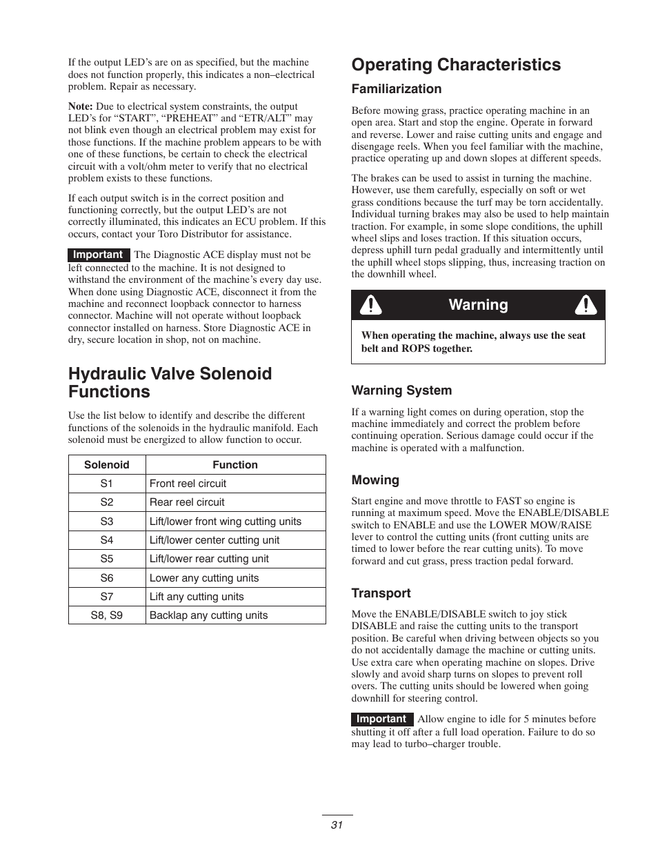 Hydraulic valve solenoid functions, Operating characteristics, Warning | Toro 5400-D User Manual | Page 31 / 52