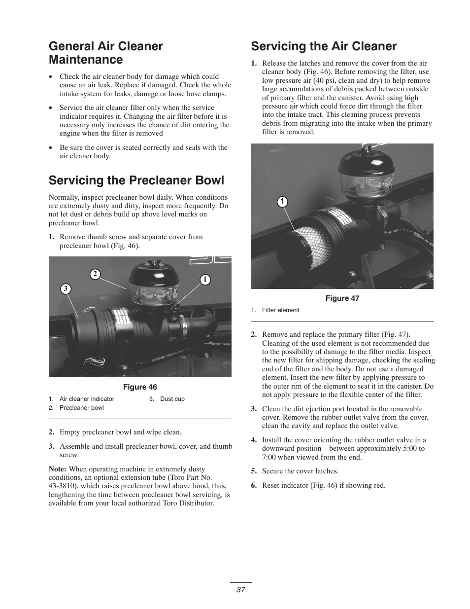General air cleaner maintenance, Servicing the precleaner bowl, Servicing the air cleaner | Toro 5400-D User Manual | Page 37 / 52