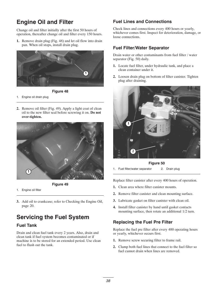 Engine oil and filter, Servicing the fuel system | Toro 5400-D User Manual | Page 38 / 52