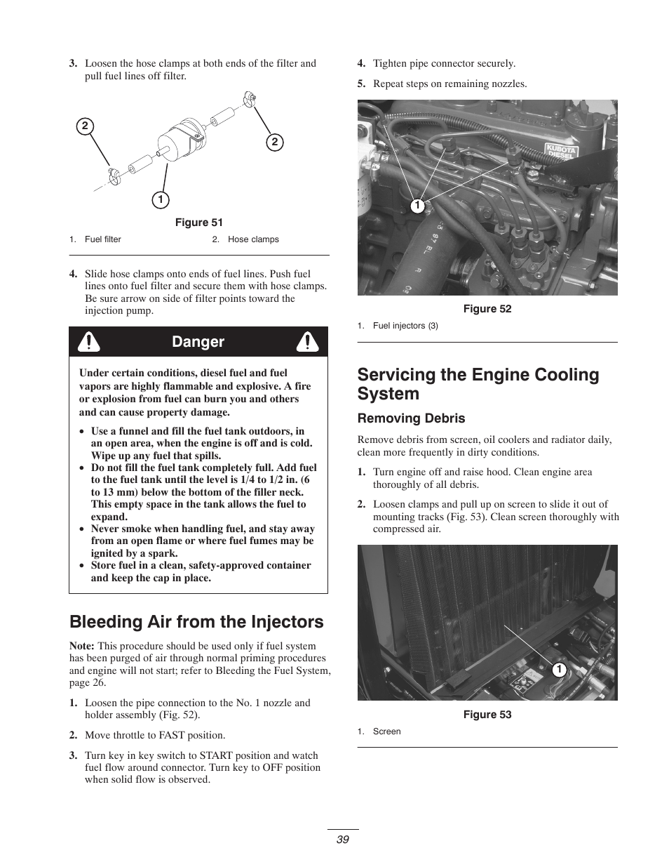 Bleeding air from the injectors, Servicing the engine cooling system, Danger | Toro 5400-D User Manual | Page 39 / 52