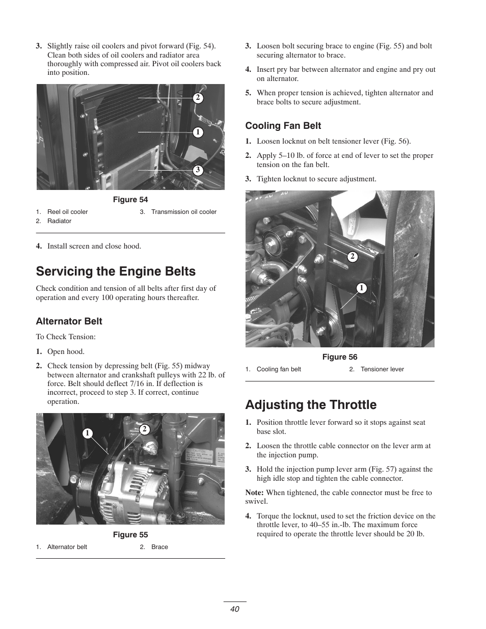 Servicing the engine belts, Adjusting the throttle | Toro 5400-D User Manual | Page 40 / 52