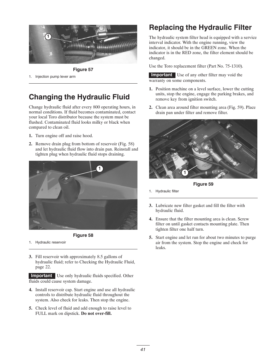 Changing the hydraulic fluid, Replacing the hydraulic filter | Toro 5400-D User Manual | Page 41 / 52