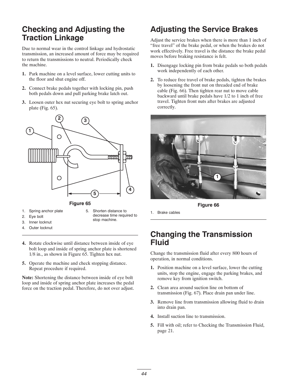 Checking and adjusting the traction linkage, Adjusting the service brakes, Changing the transmission fluid | Toro 5400-D User Manual | Page 44 / 52