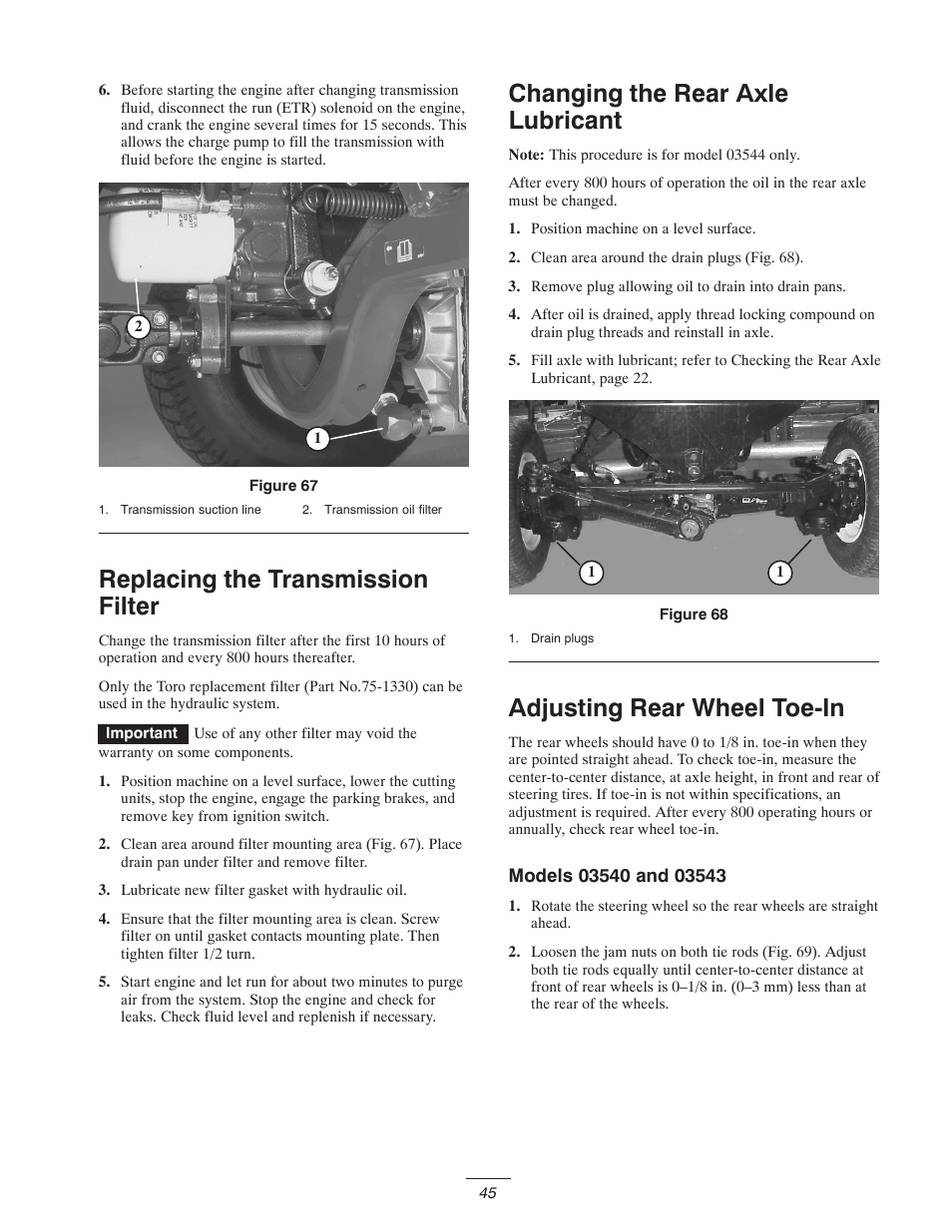 Replacing the transmission filter, Changing the rear axle lubricant, Adjusting rear wheel toe-in | Toro 5400-D User Manual | Page 45 / 52