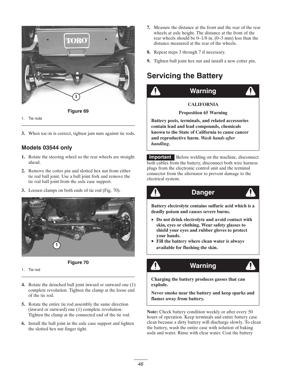 Servicing the battery, Warning, Danger | Toro 5400-D User Manual | Page 46 / 52