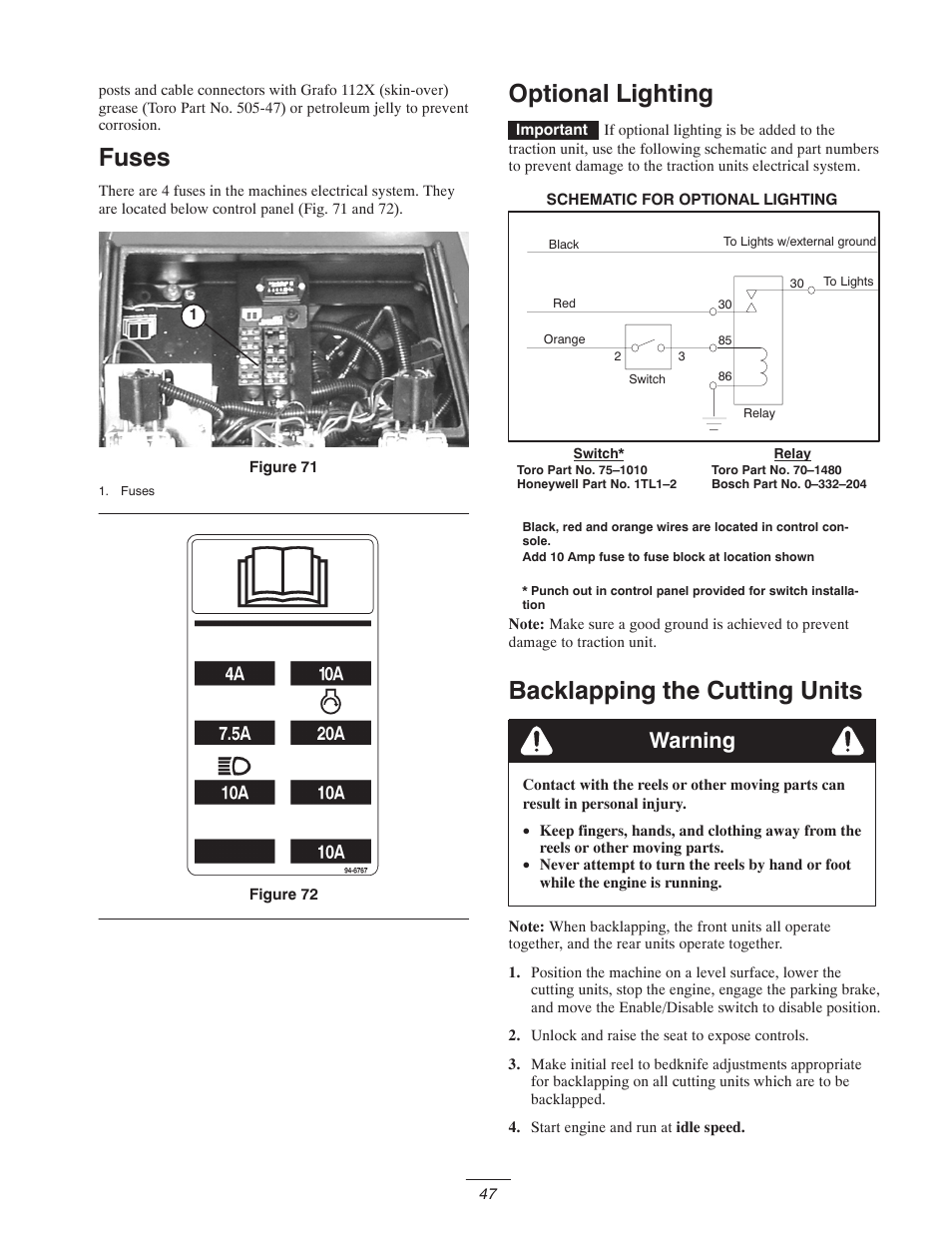 Fuses, Optional lighting, Backlapping the cutting units | Warning | Toro 5400-D User Manual | Page 47 / 52
