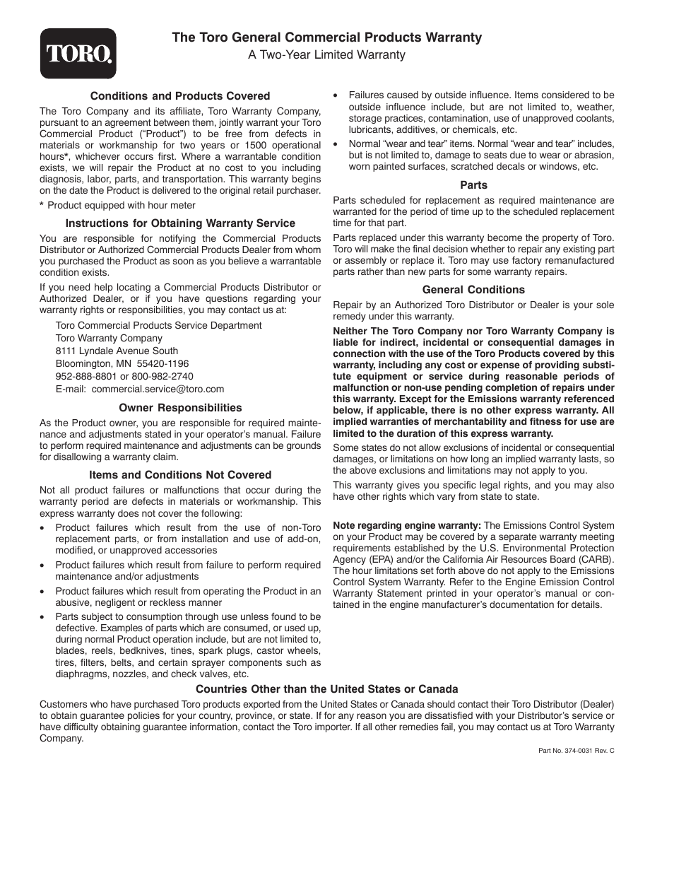 The toro general commercial products warranty | Toro 5400-D User Manual | Page 52 / 52