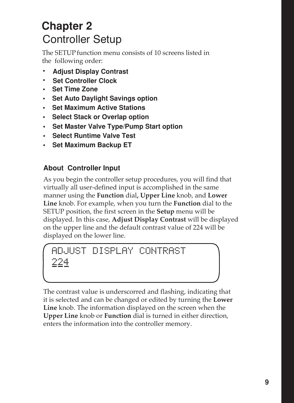 Controller setup, Chapter 2, Adjust display contrast 224 | Toro 12 User Manual | Page 15 / 88
