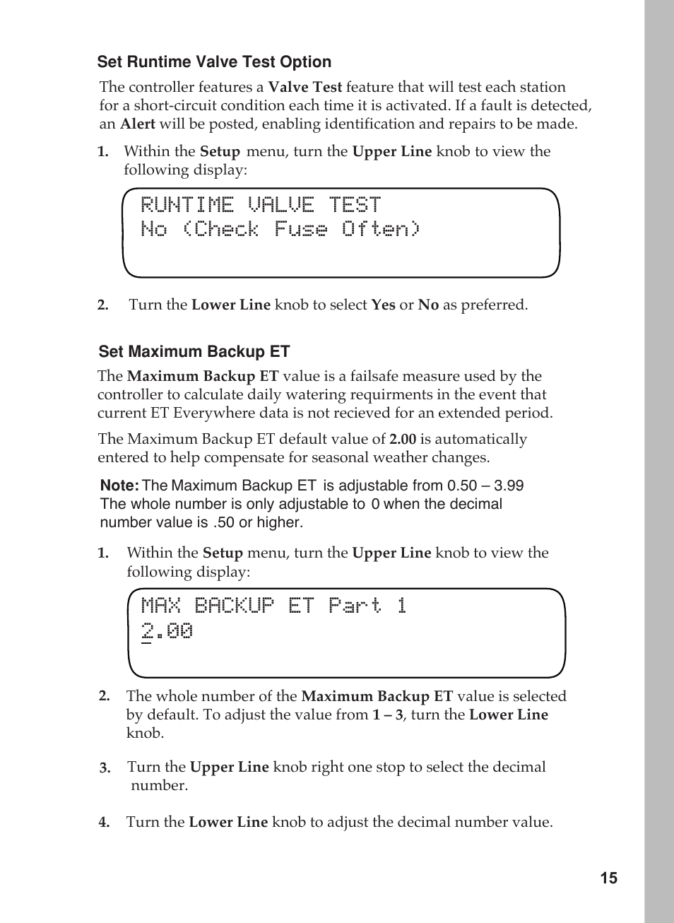 Max backup et part 1 2.00, Runtime valve test no (check fuse often) | Toro 12 User Manual | Page 21 / 88