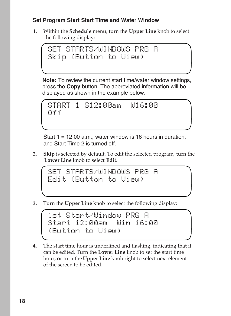 Set starts/windows prg a skip (button to view) | Toro 12 User Manual | Page 24 / 88