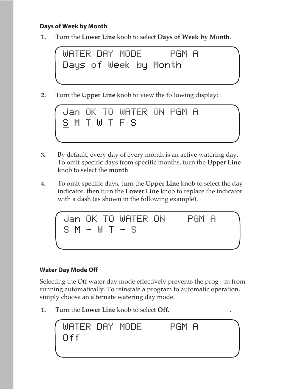 Water day mode pgm a off | Toro 12 User Manual | Page 28 / 88