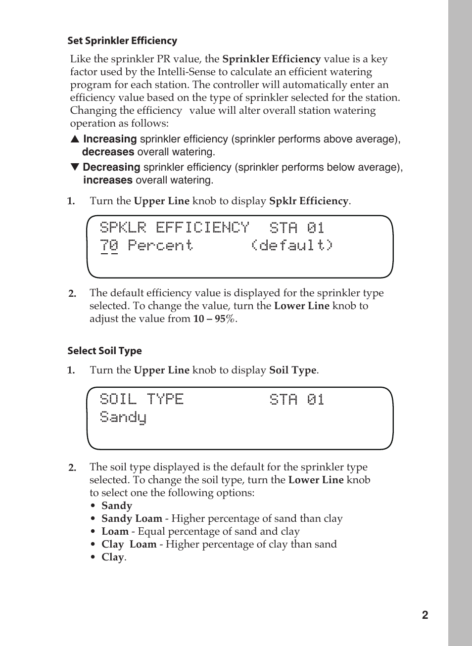 Spklr efficiency sta 01 70 percent (default), Soil type sta 01 sandy | Toro 12 User Manual | Page 33 / 88