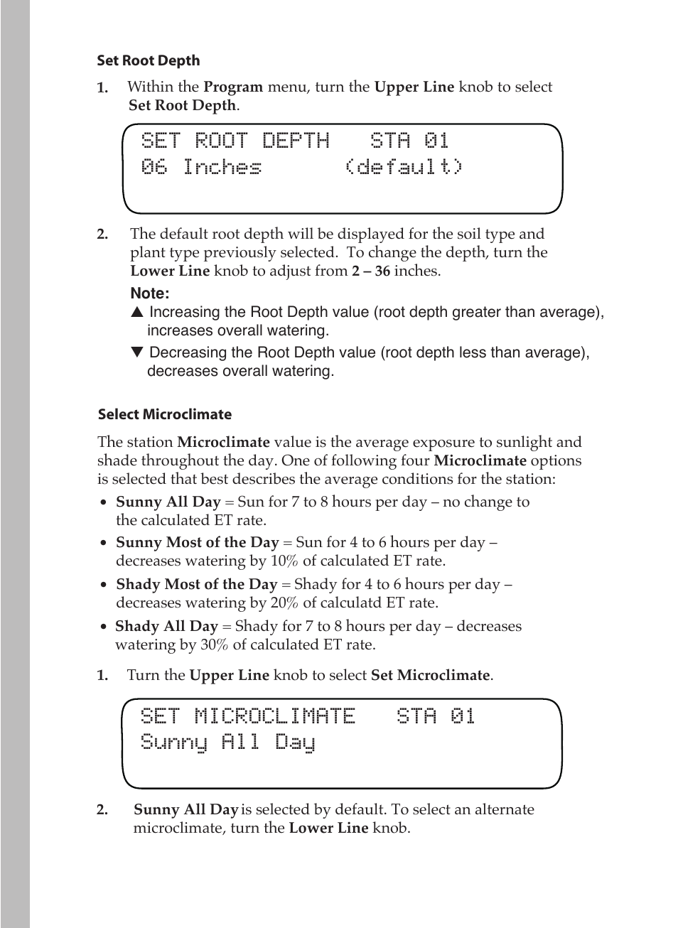 Set root depth sta 01 06 inches (default), Set microclimate sta 01 sunny all day | Toro 12 User Manual | Page 36 / 88