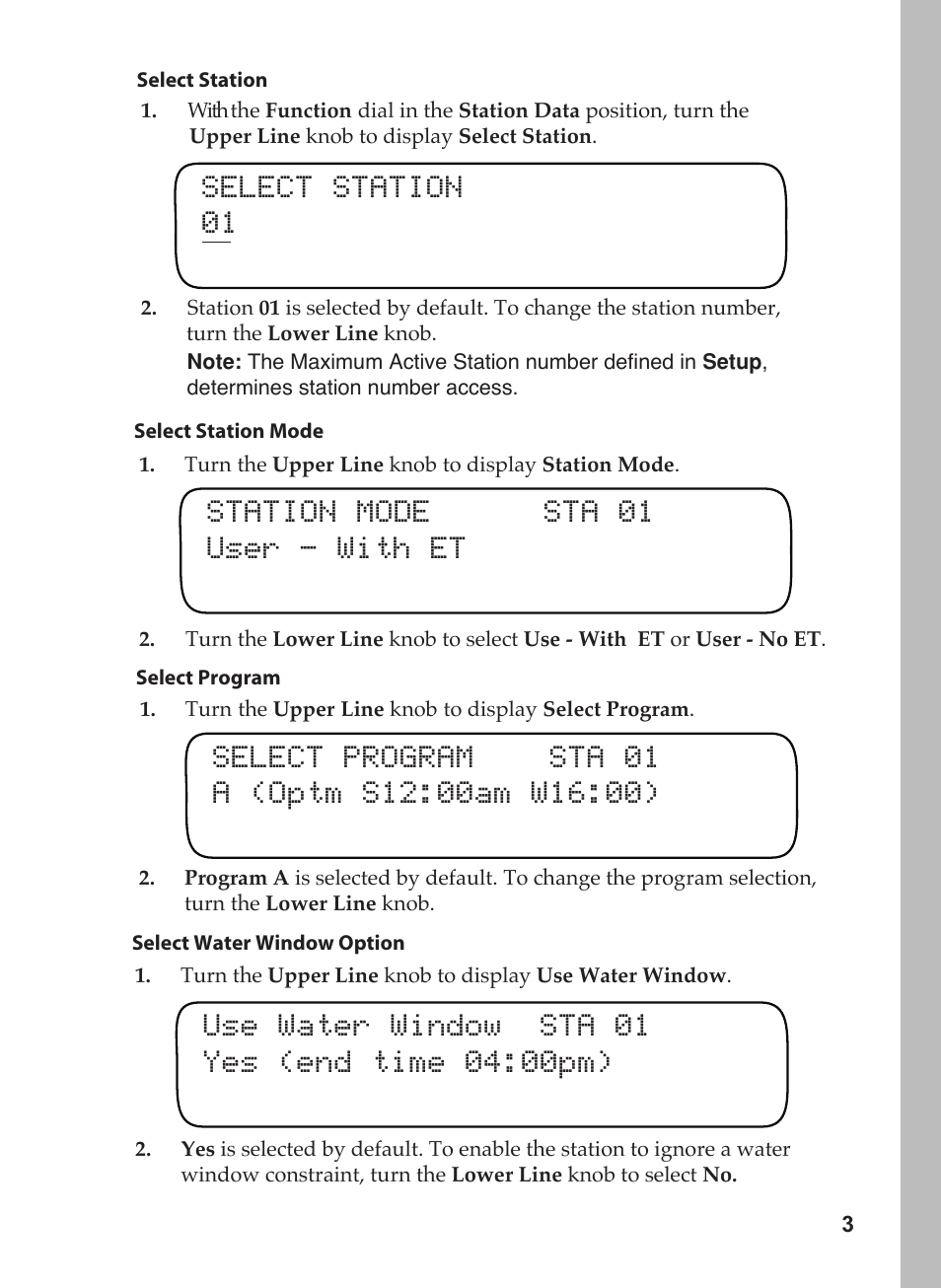 Select station 01, Station mode sta 01 user - with et | Toro 12 User Manual | Page 39 / 88