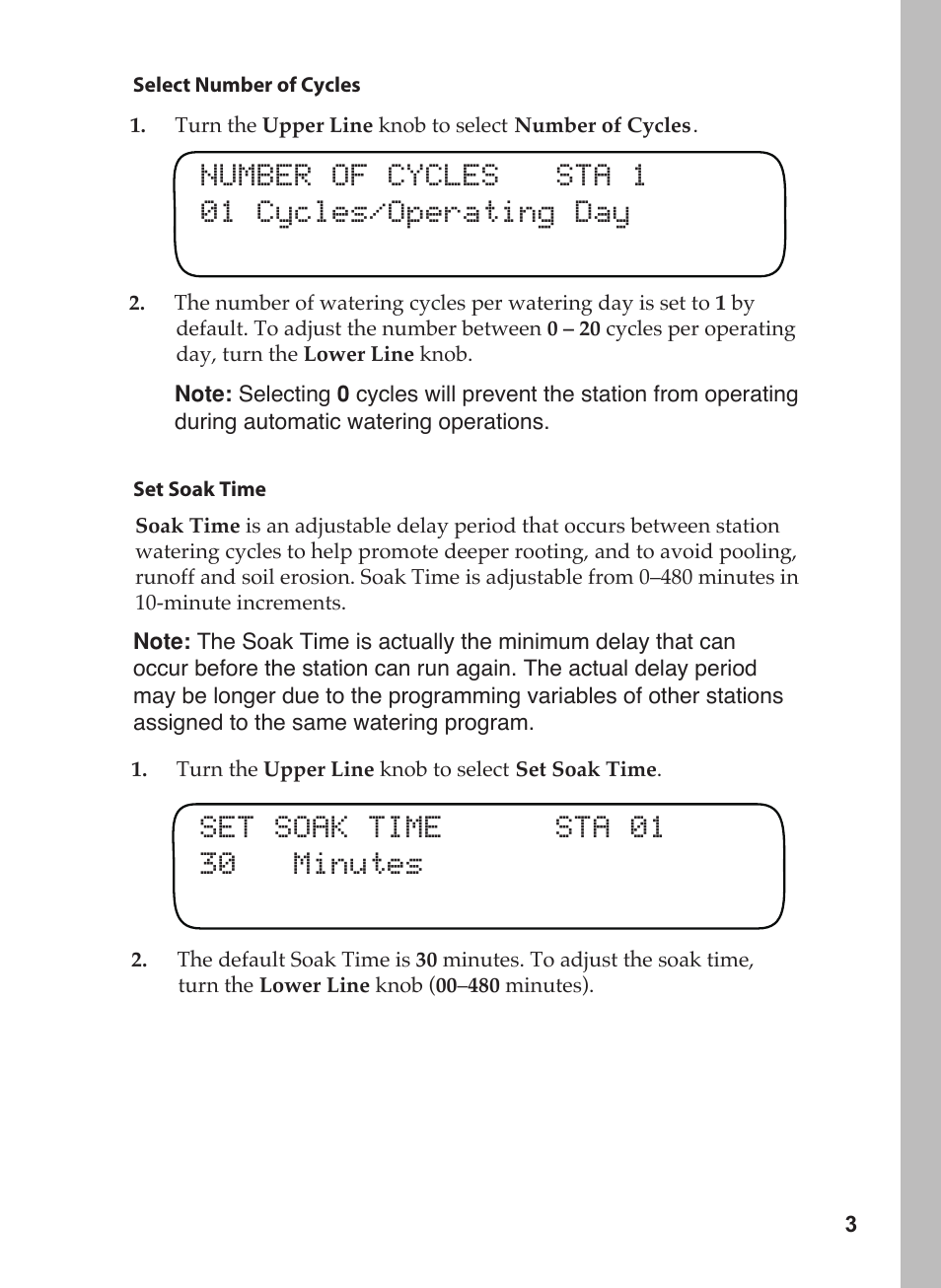Number of cycles sta 1 01 cycles/operating day, Set soak time sta 01 30 minutes | Toro 12 User Manual | Page 41 / 88