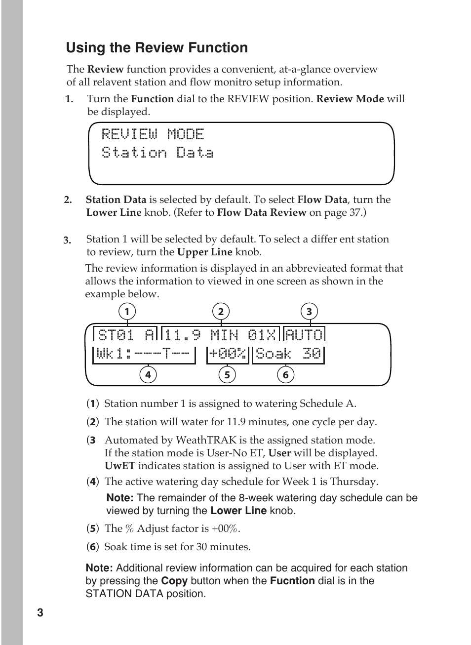 Review mode station data, Using the review function | Toro 12 User Manual | Page 44 / 88