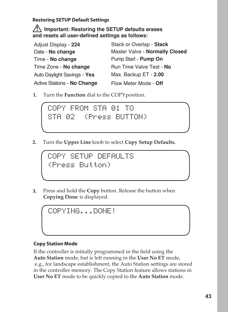 Copy from sta 01 to sta 02 (press button), Copy setup defaults (press button) copying...done | Toro 12 User Manual | Page 49 / 88