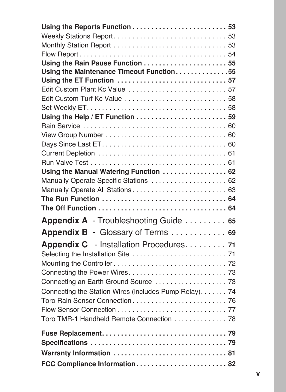 Appendix a - troubleshooting guide, Appendix b - glossary of terms, Appendix c - installation procedures | Toro 12 User Manual | Page 5 / 88