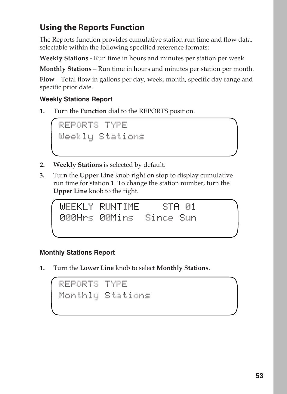 Reports type monthly stations, Using the reports function | Toro 12 User Manual | Page 59 / 88