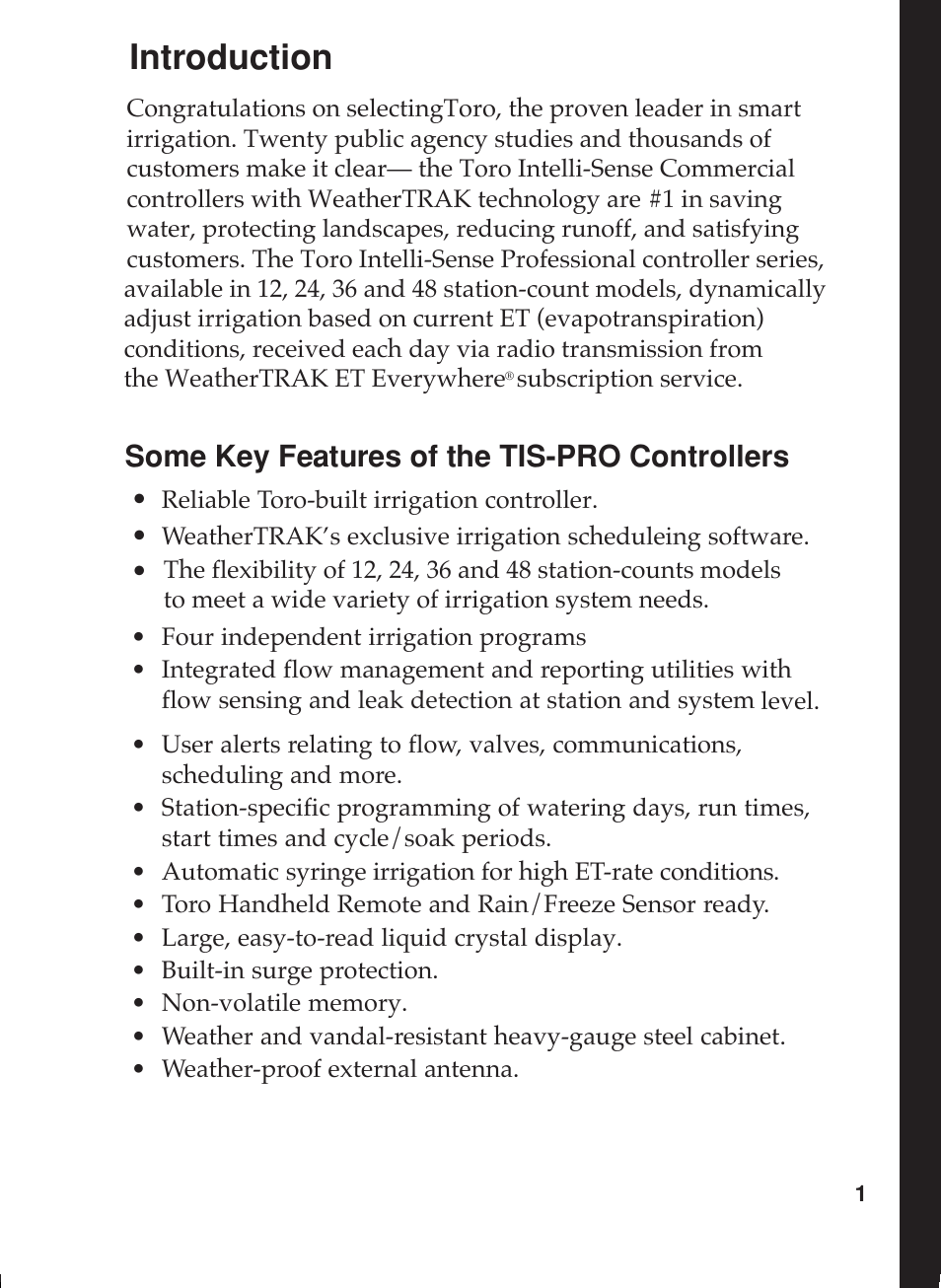 Introduction, Some key features of the tis-pro controllers | Toro 12 User Manual | Page 7 / 88