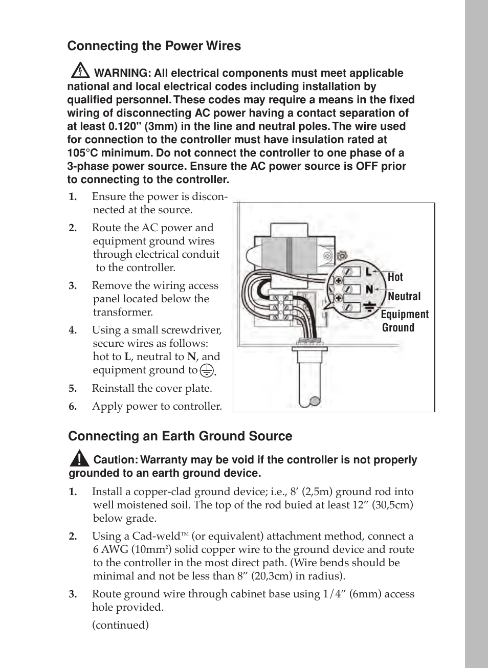 Connecting the power wires, Connecting an earth ground source | Toro 12 User Manual | Page 79 / 88