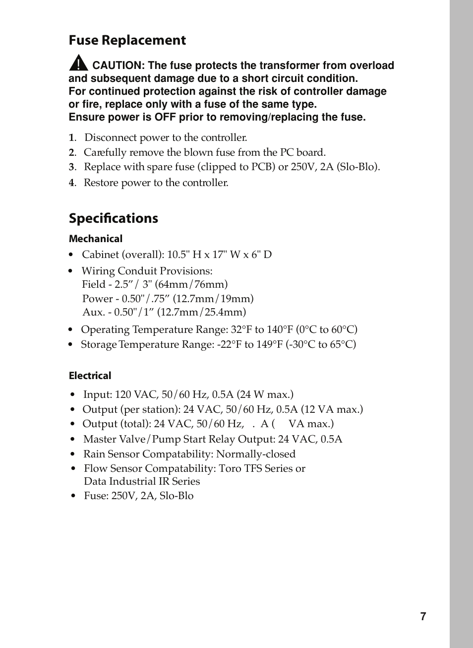 Specifications, Fuse replacement | Toro 12 User Manual | Page 85 / 88